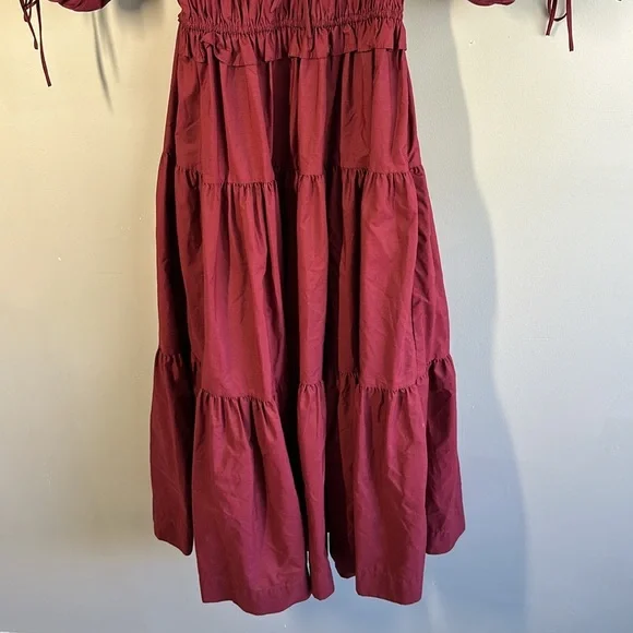En Saison Maroon Puff Sleeve Tiered Cotton Midi Dress M Cottagecore Milkmaid - Picture 8 of 16